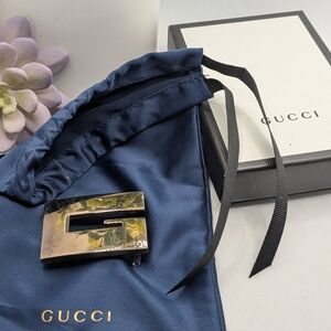 Gucci Authentic Gold Metal G Buckle with Navy Satin Pouch